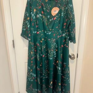 Emerald Floral Midi Dress with Bird & Botanical Print